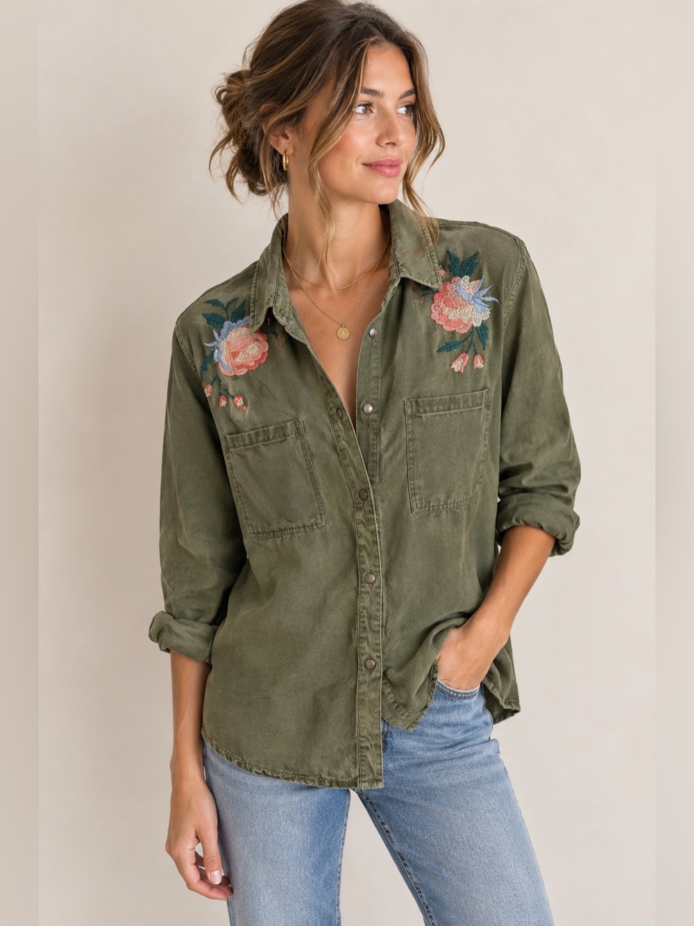 Rails Olive Green Embroidered Floral Utility Button Down Size Large